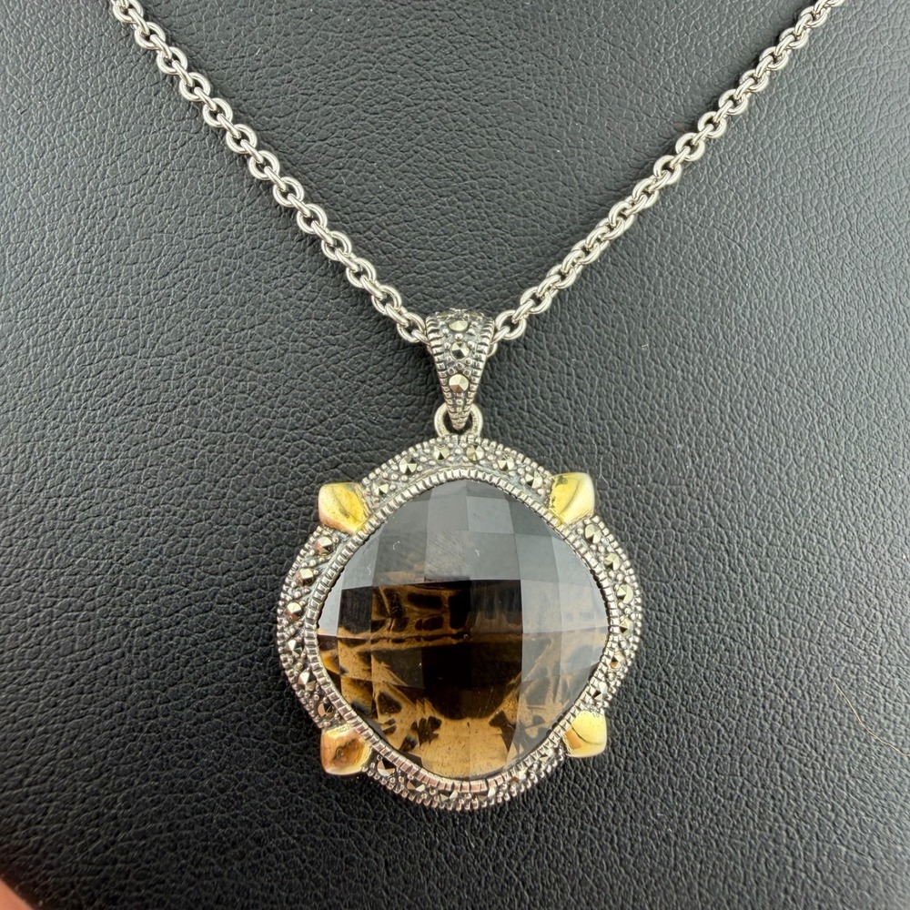 MARC Brown Smoky Quartz Marcasite 925 Silver 14K Gold Pendant Necklace